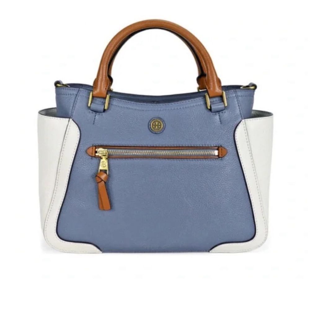 Tory Burch Frances Leather Satchel Tote in Comet Blue w/ White and Brown Trim